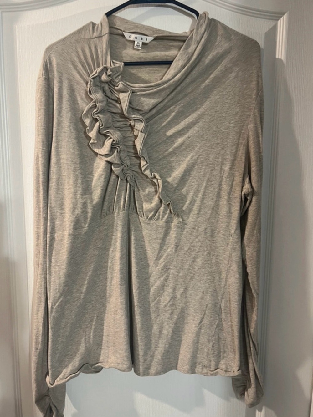 CAbi Taupe Ruffle-Front Long Sleeve Tee